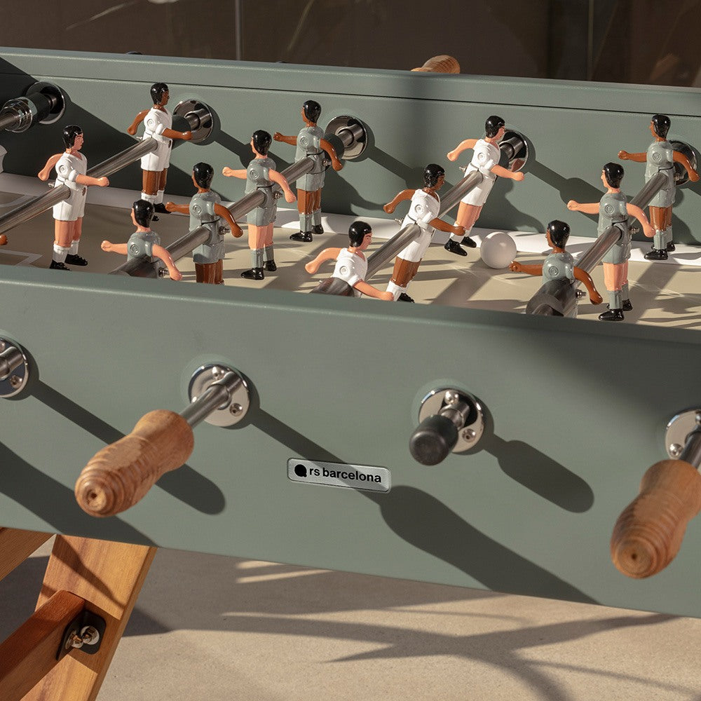 RS Barcelona RS3 Wood football table with grey and white players.