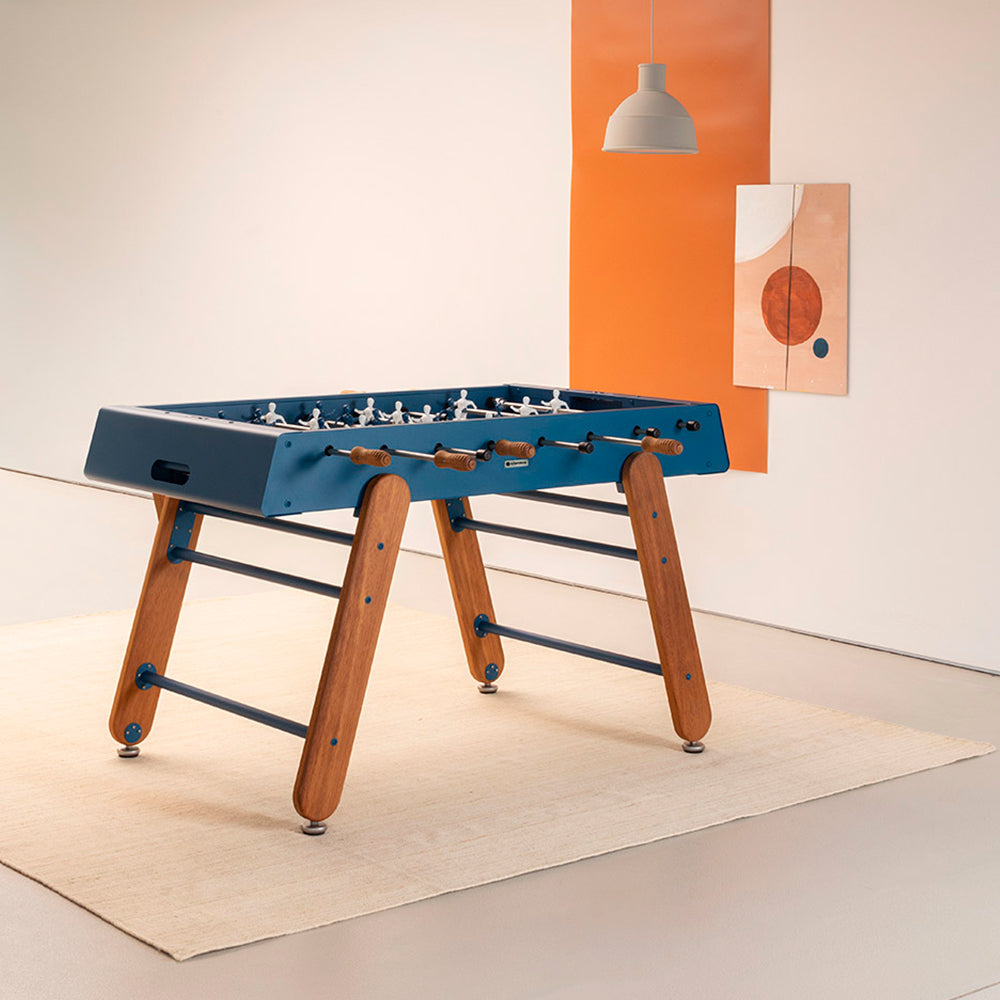 RS Barcelona blue table football with wooden legs for indoor and outdoor use.