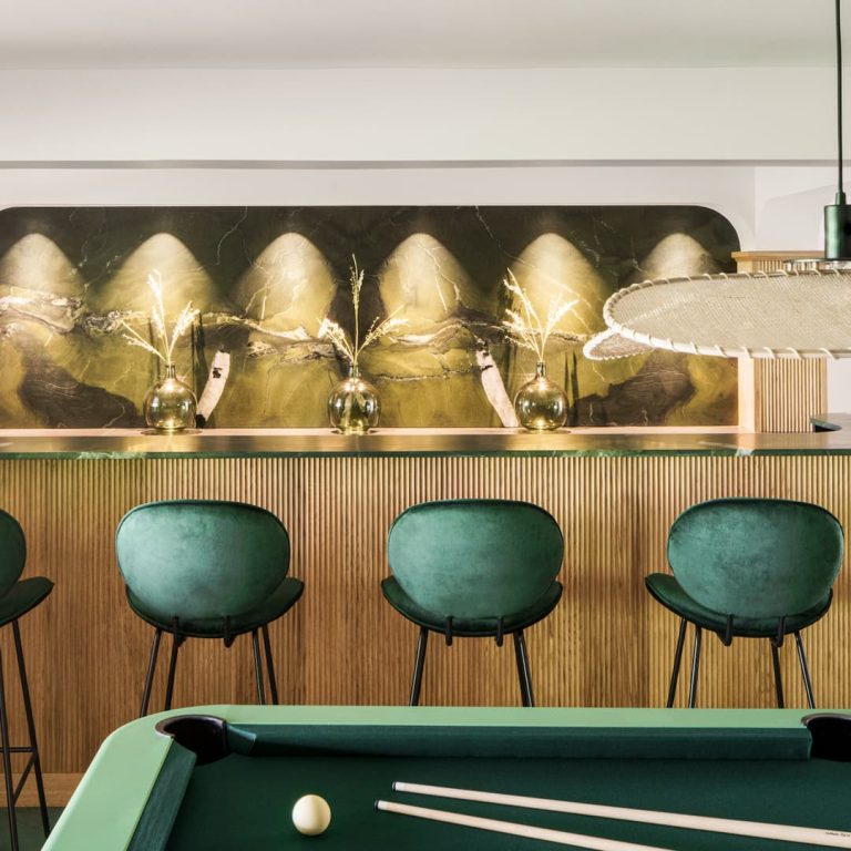 RS Barcelona Diagonal pool table in green finish at a private holiday residence in Cap Ferret, France